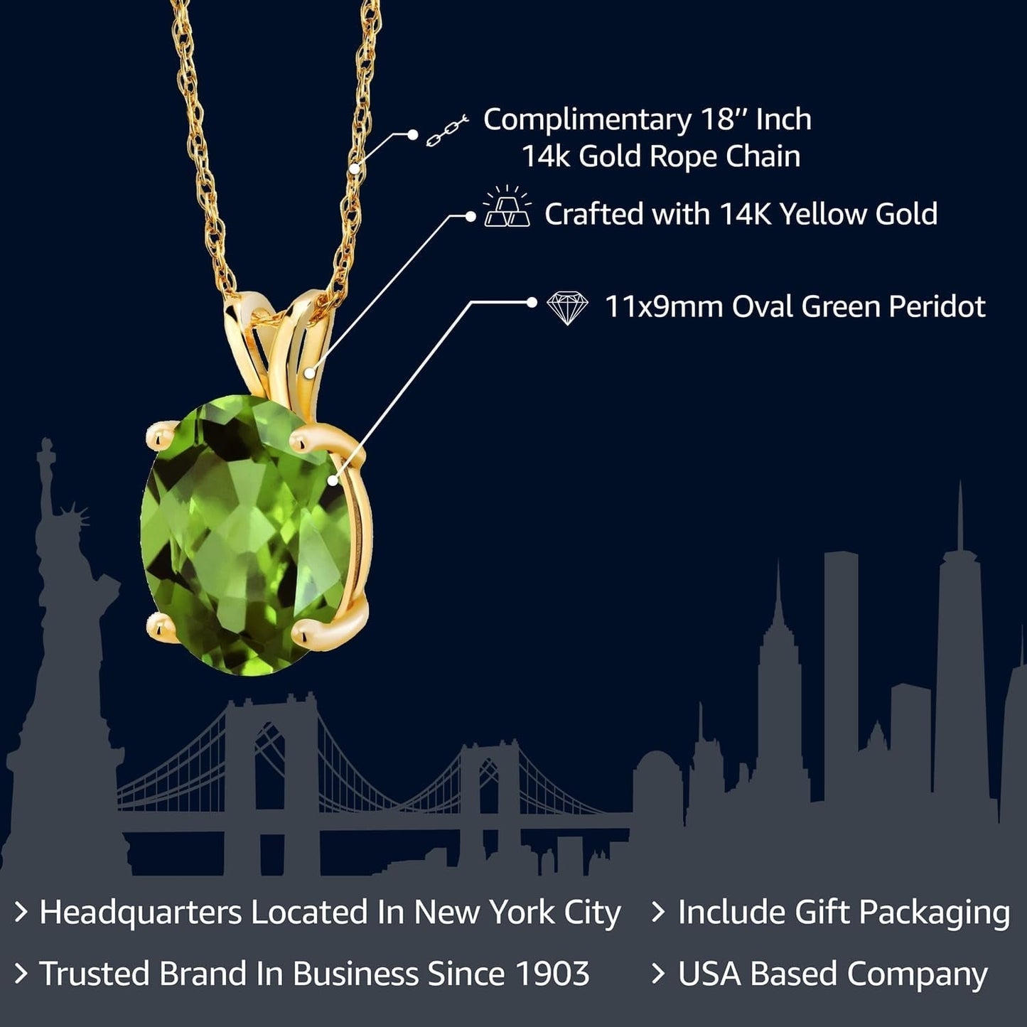 14K Yellow Gold Oval Gemstone Birthstone Pendant Necklace | Oval 11X9MM | Gold Necklace for Women | with 18 Inch 14K Gold Chain