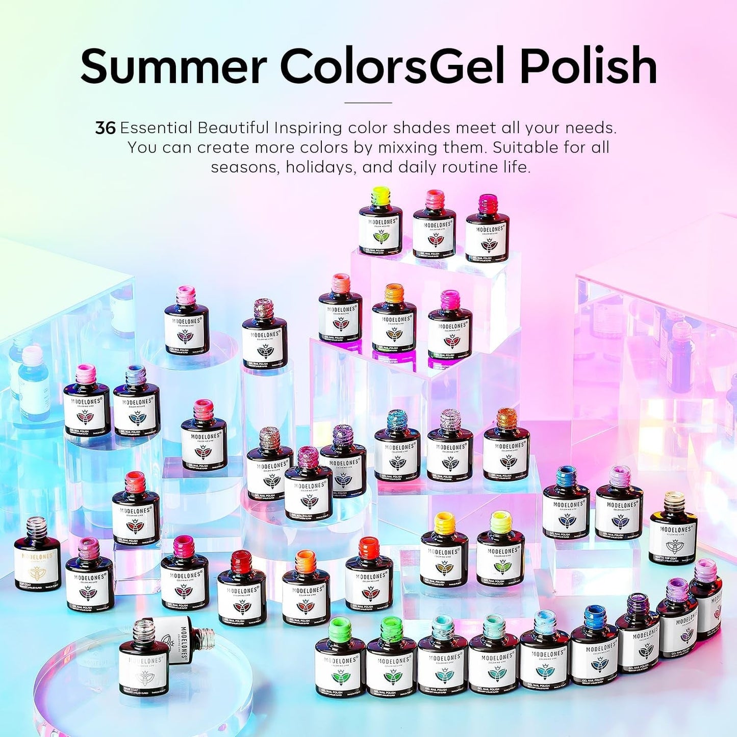 40 Pcs Gel Nail Polish Set, Summer Rainbow Neon Gel Polish Bright Hot Pink Green Yellow Purple Blue Glitter Nail Gel Polish with Nail Primer Base& Matte Glossy Top Coat Soak off LGBT Nails