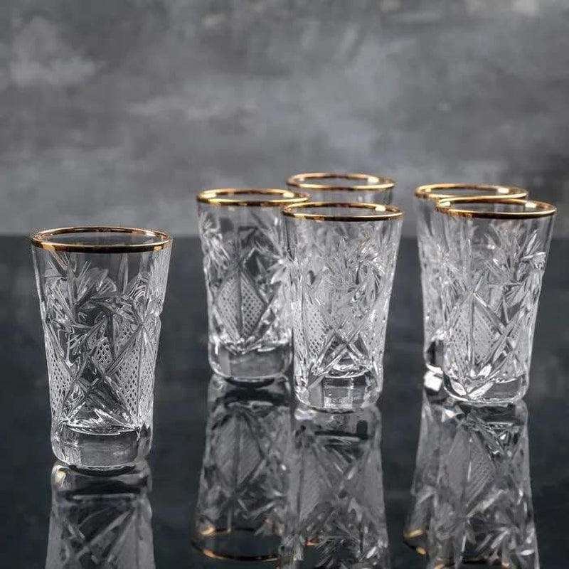 Elegant and Modern Russian Cut Crystal Shot Glasses for Hosting Parties and Events - 1.3Oz, Shot Glasses Gold Rim, Set of 6