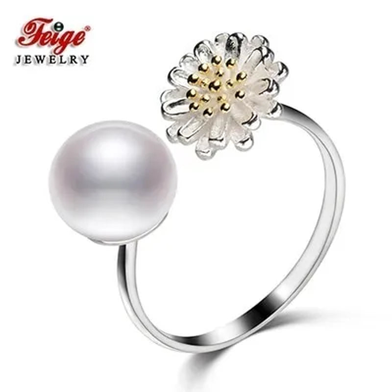 Flower Real 925 Sterling Silver with 8-9MM White Freshwater Pearl Rings for Women Fashion Jewelry Gifts