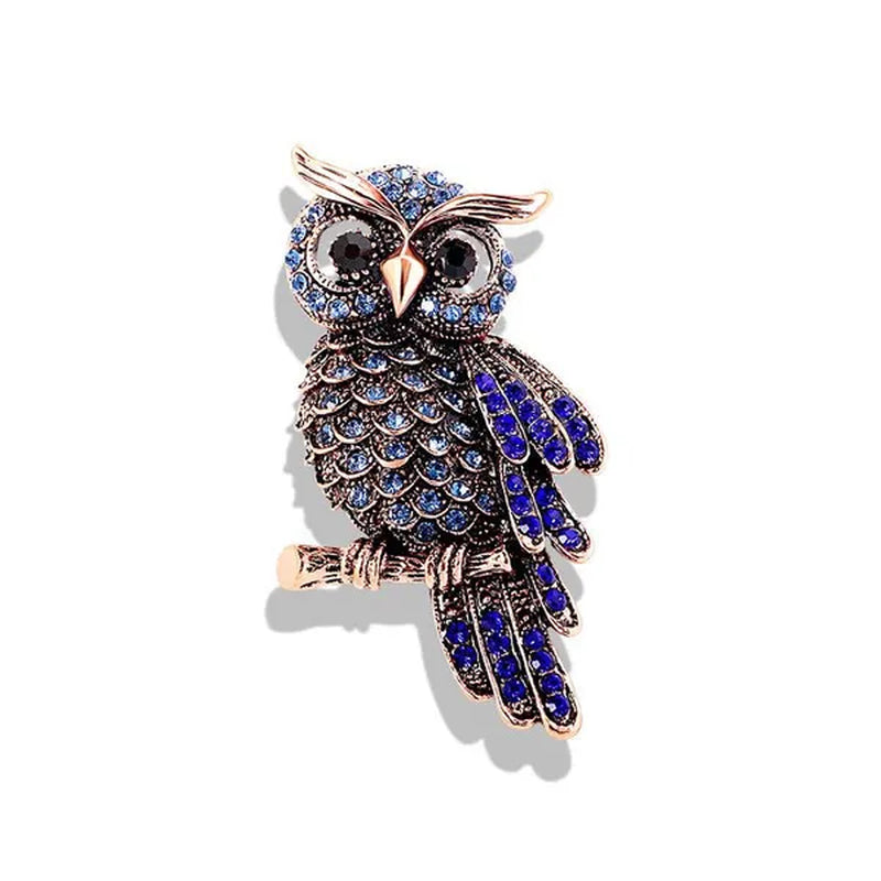 Luxury Diamond Blue Owl Brooch Pin Women's Fashion Clothing Pin Accessories Retro Owl Brooch