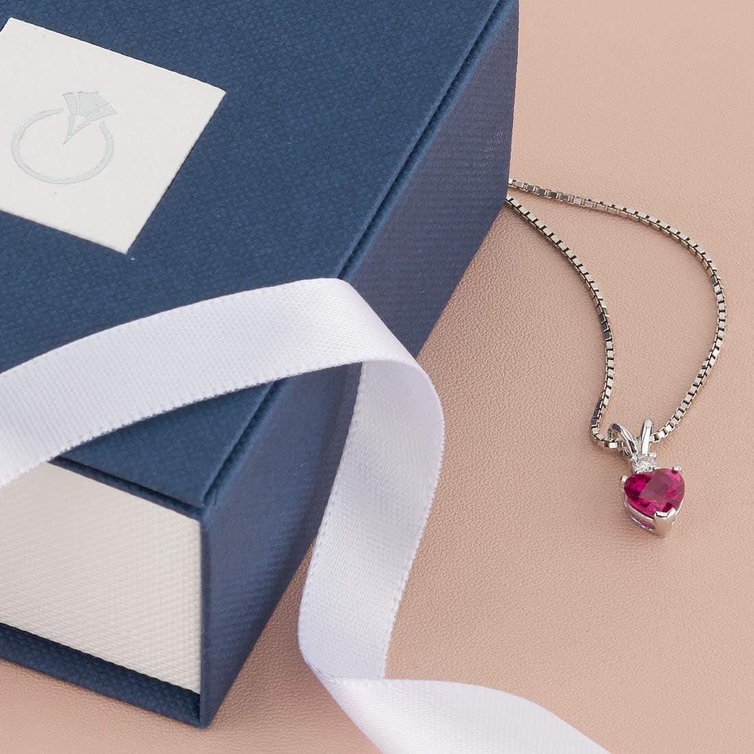 Solid 14K White Gold Created Ruby with Genuine Diamond Pendant for Women, Heart Shape, 1.17 Carats Total, Sparkling V-Day Gift Valentines Gift for Women, Women Gift Ideas W/Jewelry Box