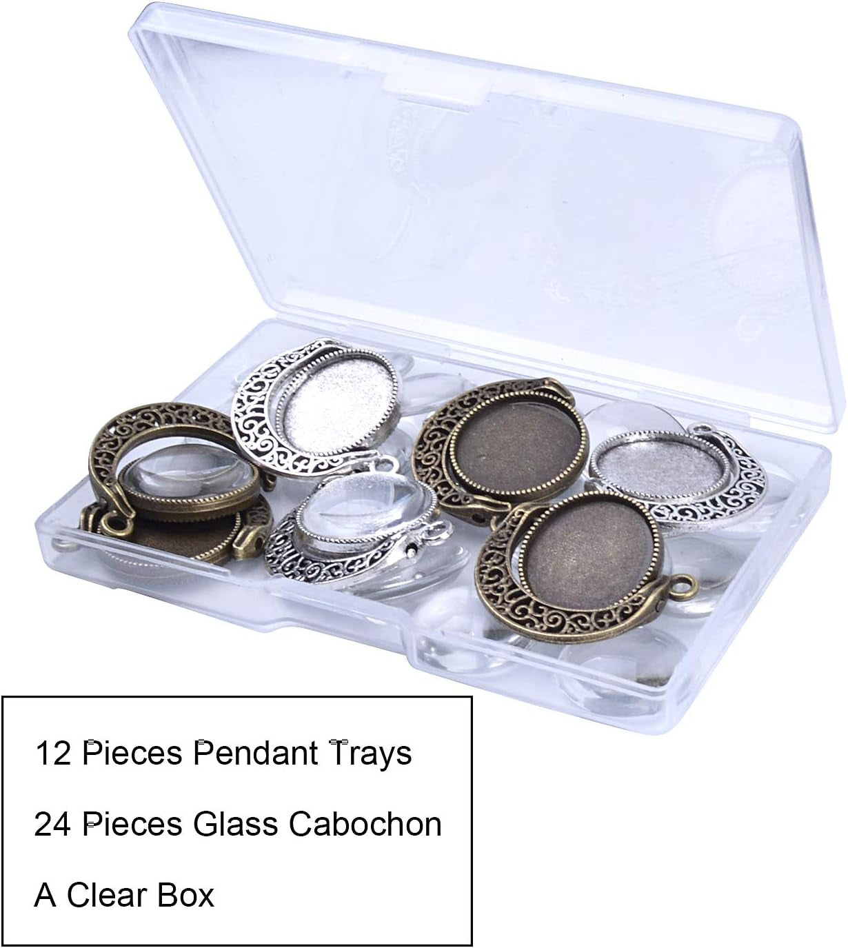 Moon Rotation Double Side Pendant Trays Kits in Box, 12 Pieces Pendant Tray with 24 Pieces Glass Cabochons Clear Dome 18Mm Blank, 2 Colors Bezels