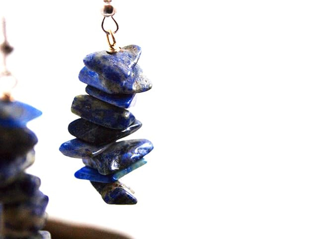 Lapis Lazuli Tumbled Stone Earrings Stacked Small Dangle Raw Crystal Earrings Lightweight Everyday Drop Earrings Blue Stone Dangling Earrings Birthstone Anniversary Gift (Silver + Lapis Lazuli)