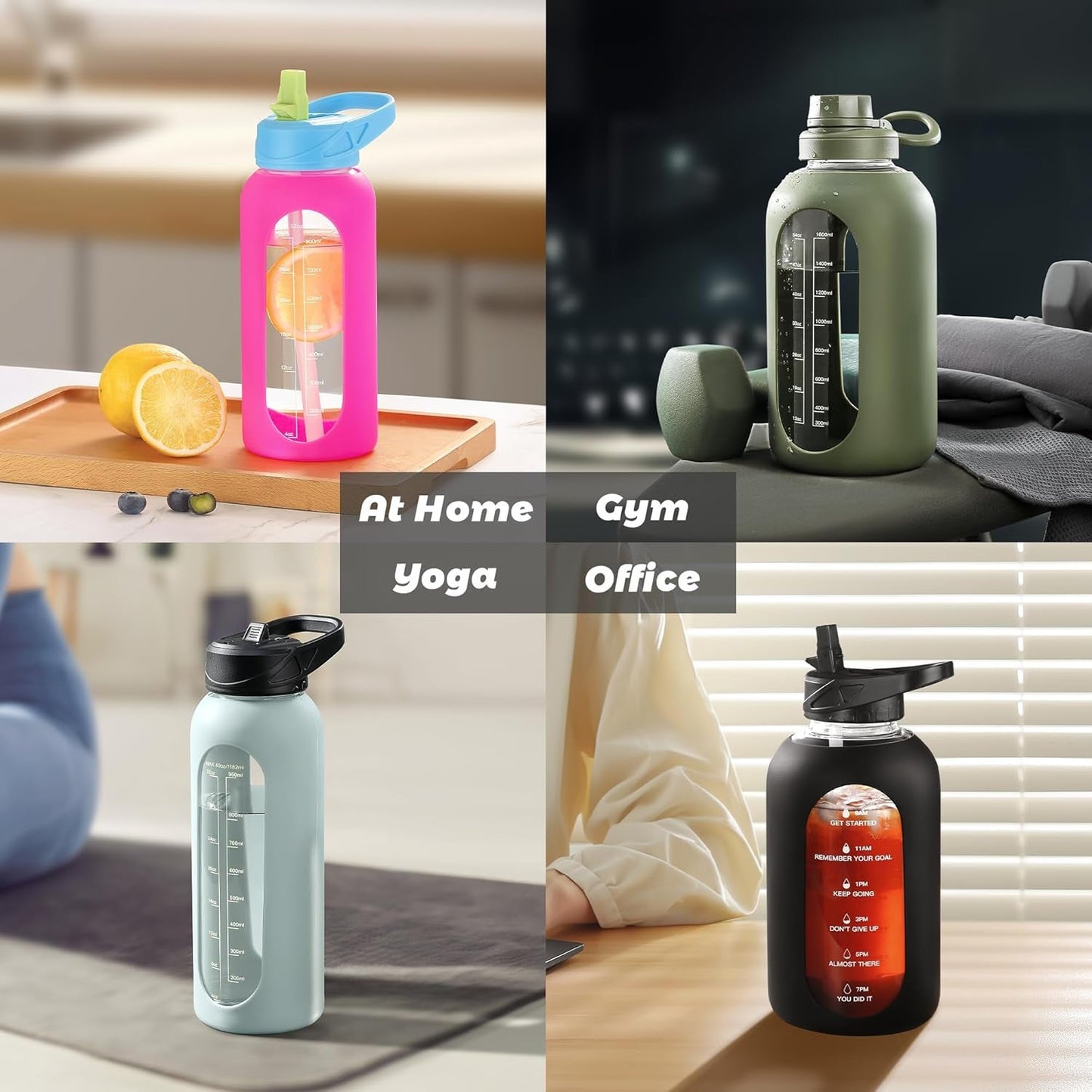 32 Oz Glass Water Bottle with Straw and Handle, Large Sports Motivational Water Bottle Flask with Time Marker and 2 Lids, Leakproof Water Jug Canteen with Silicone Sleeve for Gym,Navy