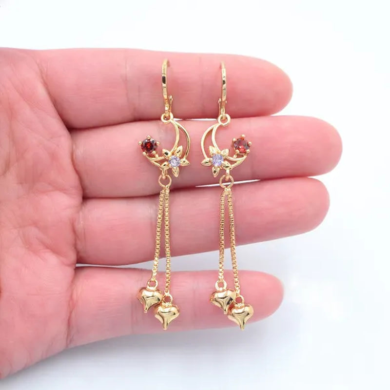 Women Multicolor Cubic Zirconia CZ Flower Moon Tassel Earrings
