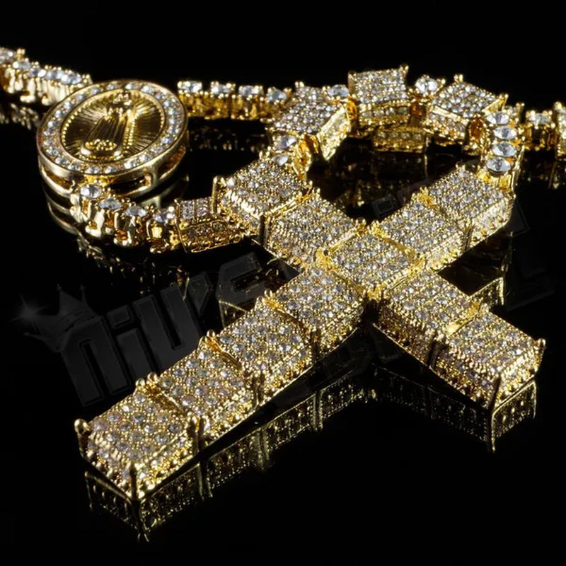 Men's 14k Gold CZ Iced Simulated Diamonds ROSARY SQUARE Jesus Cross Pendant 30" Chain Necklace
