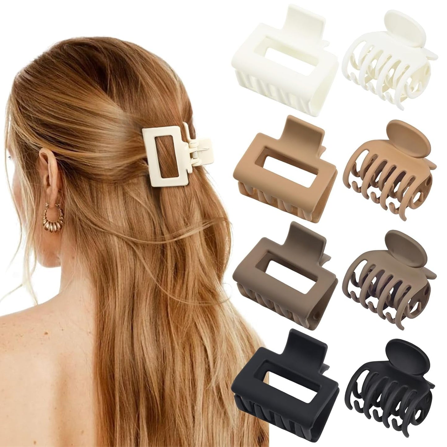 8 Pack Medium Small Hair Clips Set 2"" Rectangle and 1.6"" Double Row Teeth Hair Claw Clips for Thin Short Hair Matte Hair Clips Hair Accessories for Women Girls, Beige, Brown, Khaki, Black
