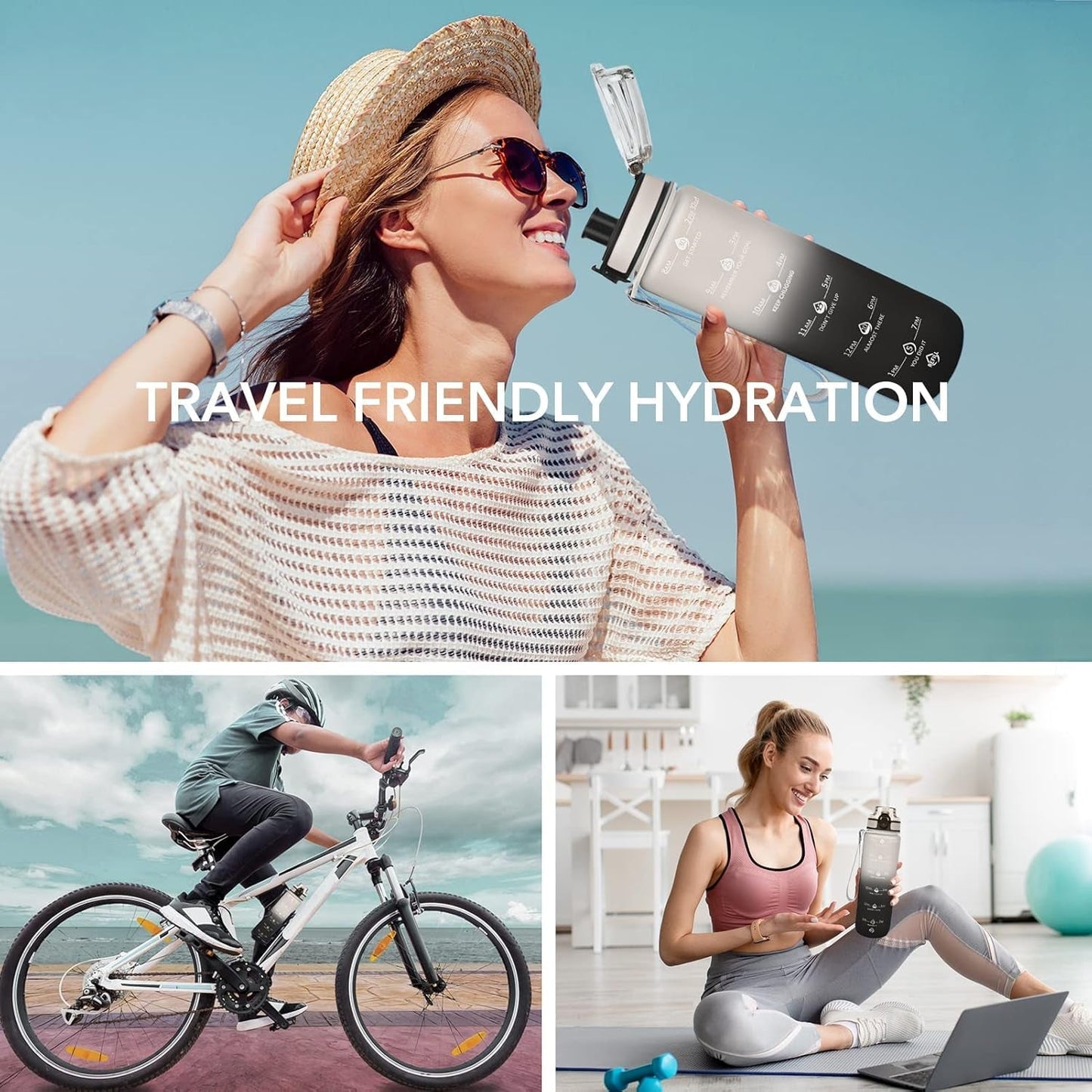 32Oz Motivational Water Bottles with Time Marker and Fruit Strainer, Sports Water Bottle with Times to Drink, Leakproof, Reusable Plastic Bottle with Strap No Straw for Gym, School