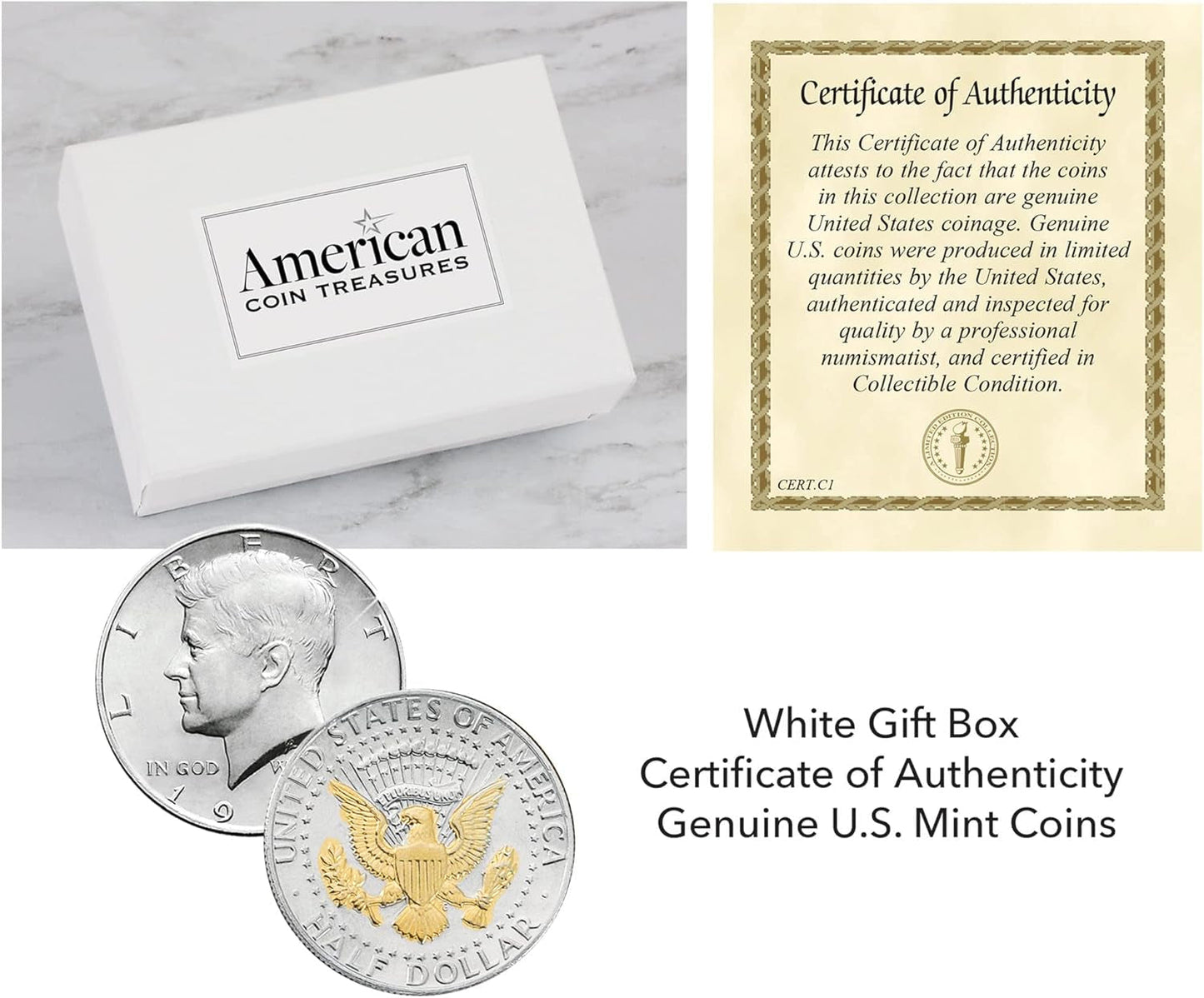 Coin Money Clip - Presidential Seal JFK Half Dollar Selectively Layered in Pure 24K Gold, Brass Moneyclip, Holds Currency, Credit Cards, Cash, U.S. Coin