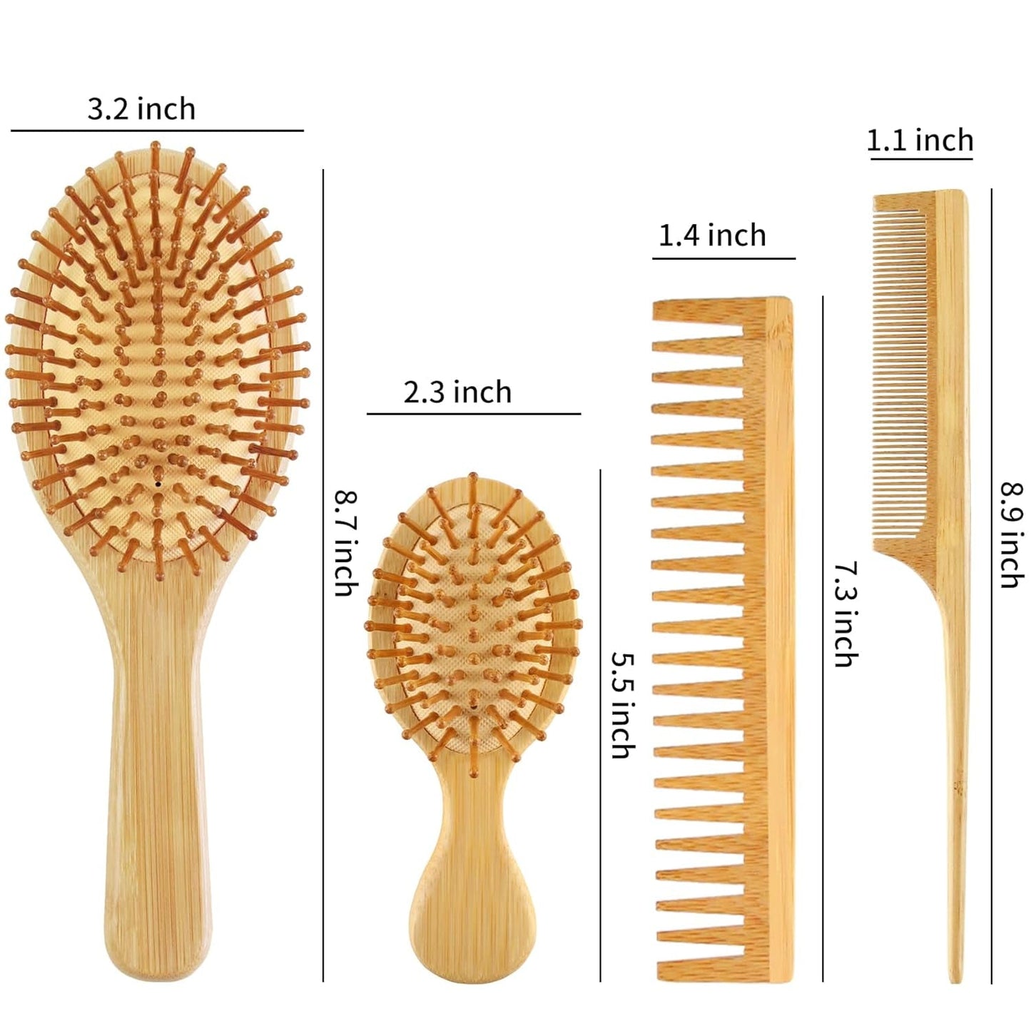 4 PCS Bamboo Hair Brush Set with Natural Wooden Wide-Tooth and Tail Comb Big and Mini Paddle Detangling Hairbrush for Women Men Kids and Baby Thick Thin Curly Straight Dry