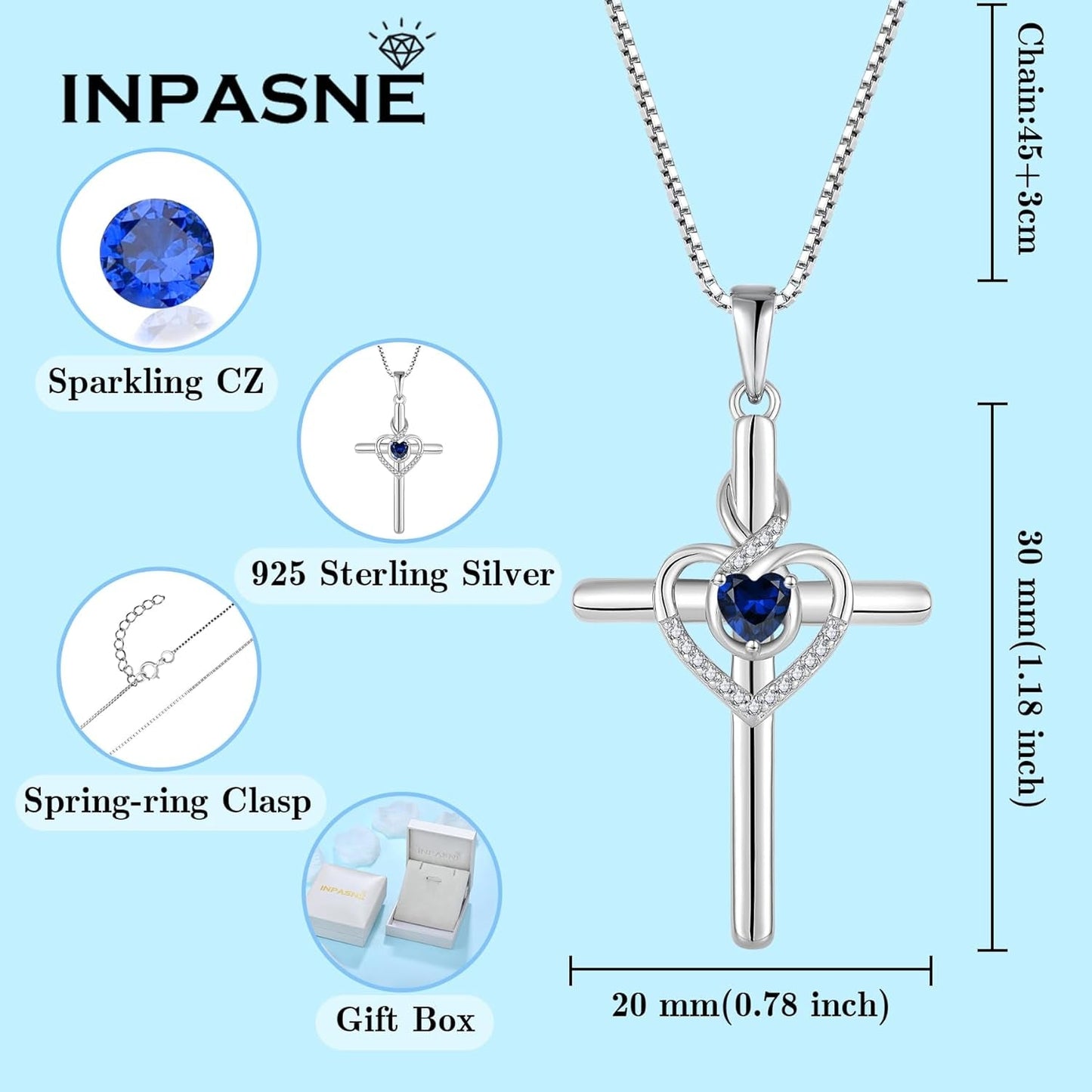 Heart Cross Necklace for Women 925 Sterling Silver Infinity Cross Pendant Birthstone Necklace Religious Jewelry Gift for Women Her Mom Wife Girlfriend Daughter