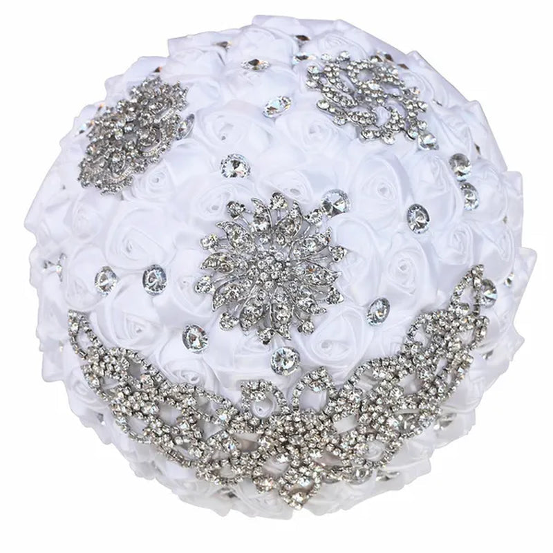 21CM Creative Handmade Diamond Flower Brooch Bouquet Ribbon Silk Rose Wedding Flower Bridal Bouquet Bridesmaid Holding Flowers