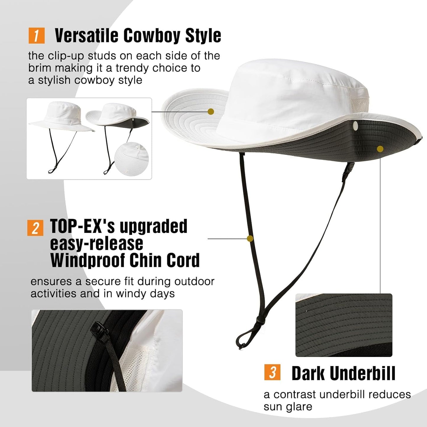 L/XL/XXL UV50+ Waterproof Wide Brim Bucket Sun Hat for Summer Fishing Hiking W/Detachable Strap & Vented Mesh