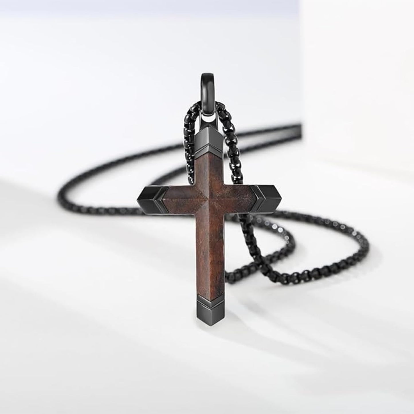 Cross Necklace for Men, Real Ebony Wooden Mens Cross Necklace Black Stainless Steel Christian Handmade Wood Pendant for Men, 24 Inch Box Chain