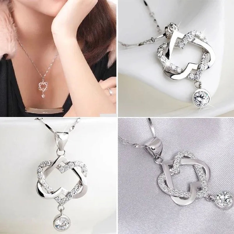 New Fashion 925 Silver Women Double Heart Diamond Pendant Chain Necklace Jewelry Gifts for Love(Pendant and Chain)