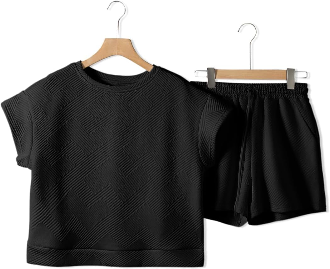 Women'S 2 Piece Outfits Sweatsuit Casual Short Sleeve Pullover Tops and Drawstring Shorts Pants Lounge Sets