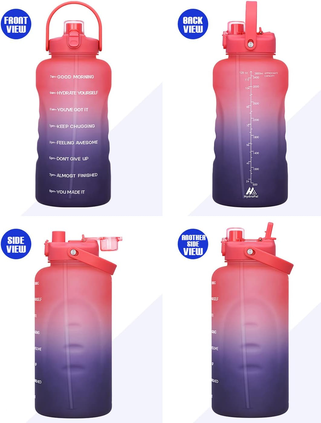 1 Gallon Water Bottles with Straw, 128 Oz / 3.8L Water Bottle BPA Free Innovative 2-IN-1 Lid Gym Bottle with Times to Drink Motivational, Large for Sports Fitness Camping Water Jug One Gallon