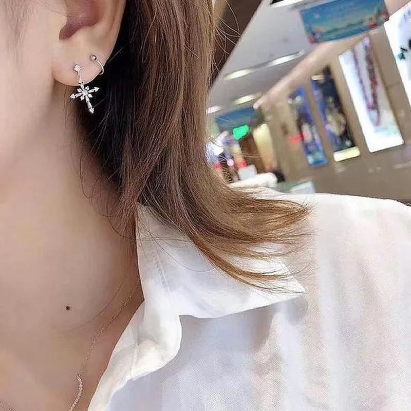 Fashion Copper Plated Platinum Personality Simple Retro Snowflake Cross Earrings Elegant Temperament Inlaid Diamond Earrings