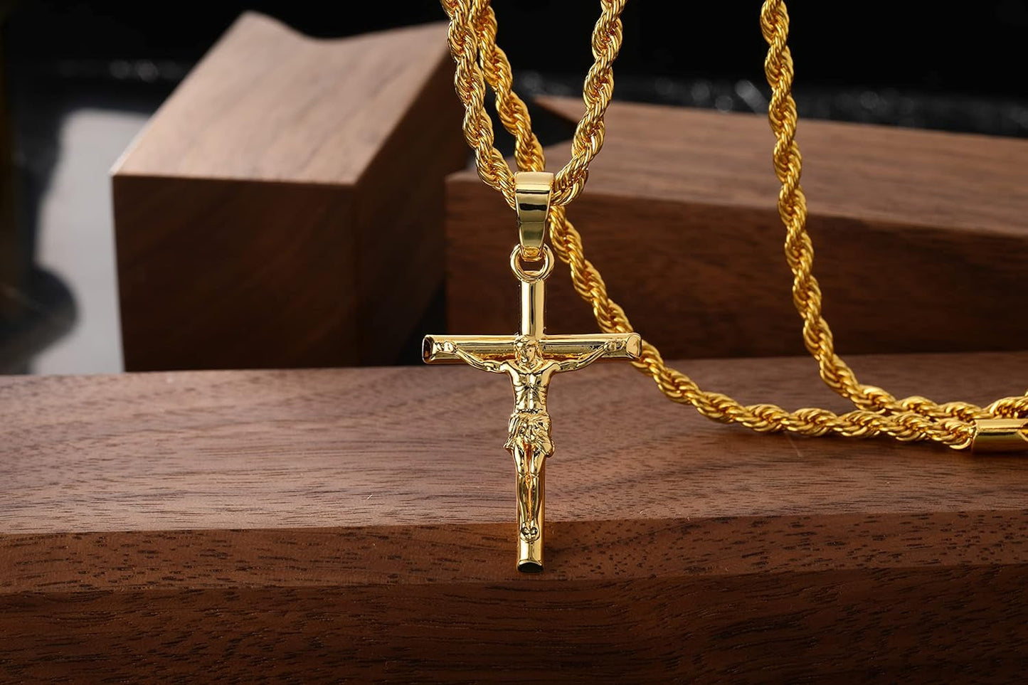Crucifix Cross Necklace 18K Gold Plated Cross Pendant with 3Mm 22" Rope Chain for Men Women