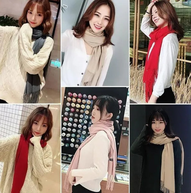 Women Cashmere Wool Scarf Wraps Warm Blanket Scarves Women Solid Color Cashmere Scarves with Tassel Poncho Cashmere Scarfs