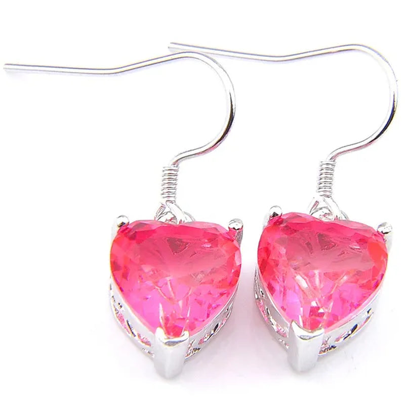 Heart Cut Shine Dazzling Pink Fire Bi-Colored Tourmaline Gemstone Silver Dangle Earrings Pendant Necklaces Jewelry Sets for Women Wedding Holiday Friends