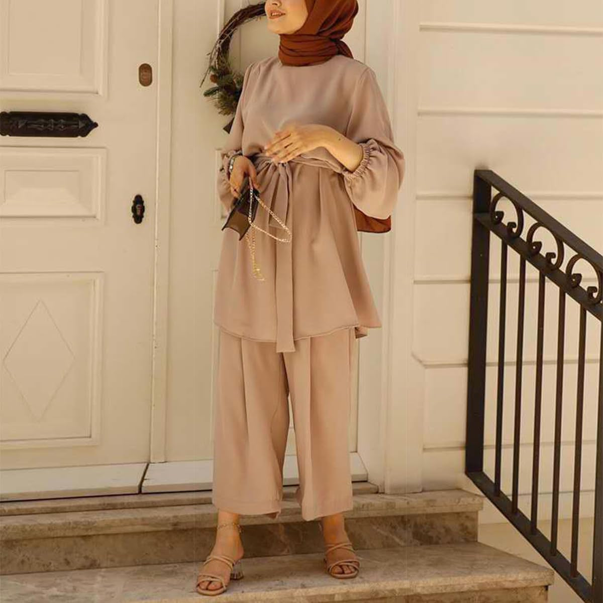 Abayas for Women Muslim Long Sleeve Loose Top Pants 2 Pcs Dubai Islamic Muslim Clothes