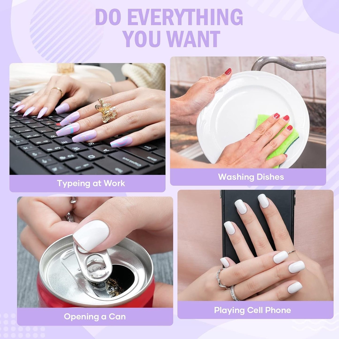 White Press on Nails Short, Square Solid Color Fake Nails with Glue, Reusable & Natural Acrylic False Nails Stick on Nails for Women Girls Gift, Gel Nail Kit, 24Pcs