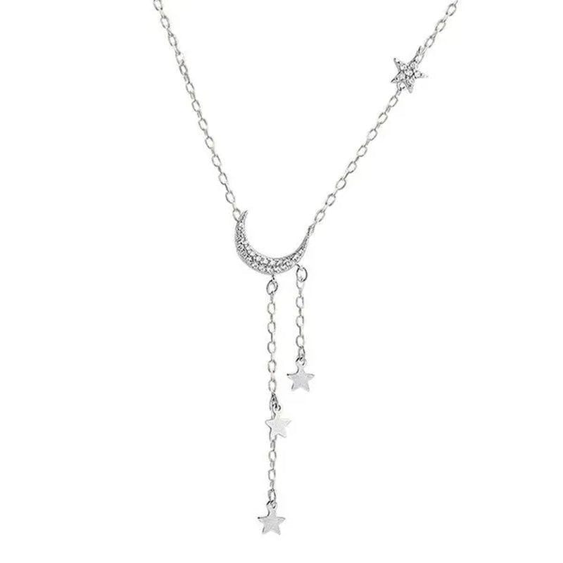 925 Silver Sterling Tassel Star Moon Necklace For Women Clavicle Chain Woman Jewelry Birthday Gift Accessories