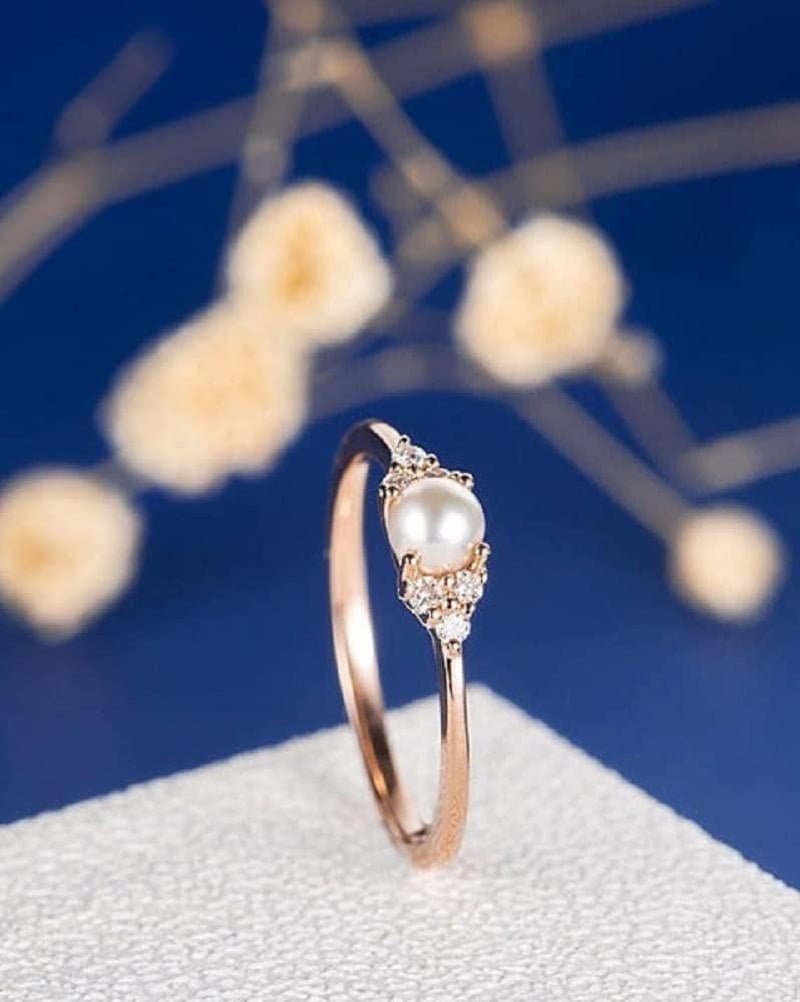 925 Sterling Rose Silver Fresh Water Tiny Pearl Imbue Diamond Close Dainty Simple Design Ring Handmade Polishing Crafted Hypoallergenic Charm Ring Jewelry Elegant Prom Party Size 7
