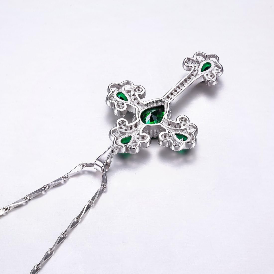 925 Sterling Silver Created Emerald Cross Pendant Necklace for Women Religious Jewelry Rhinestone Holy Irish Charm CZ Halo Christian Faith Keepsake