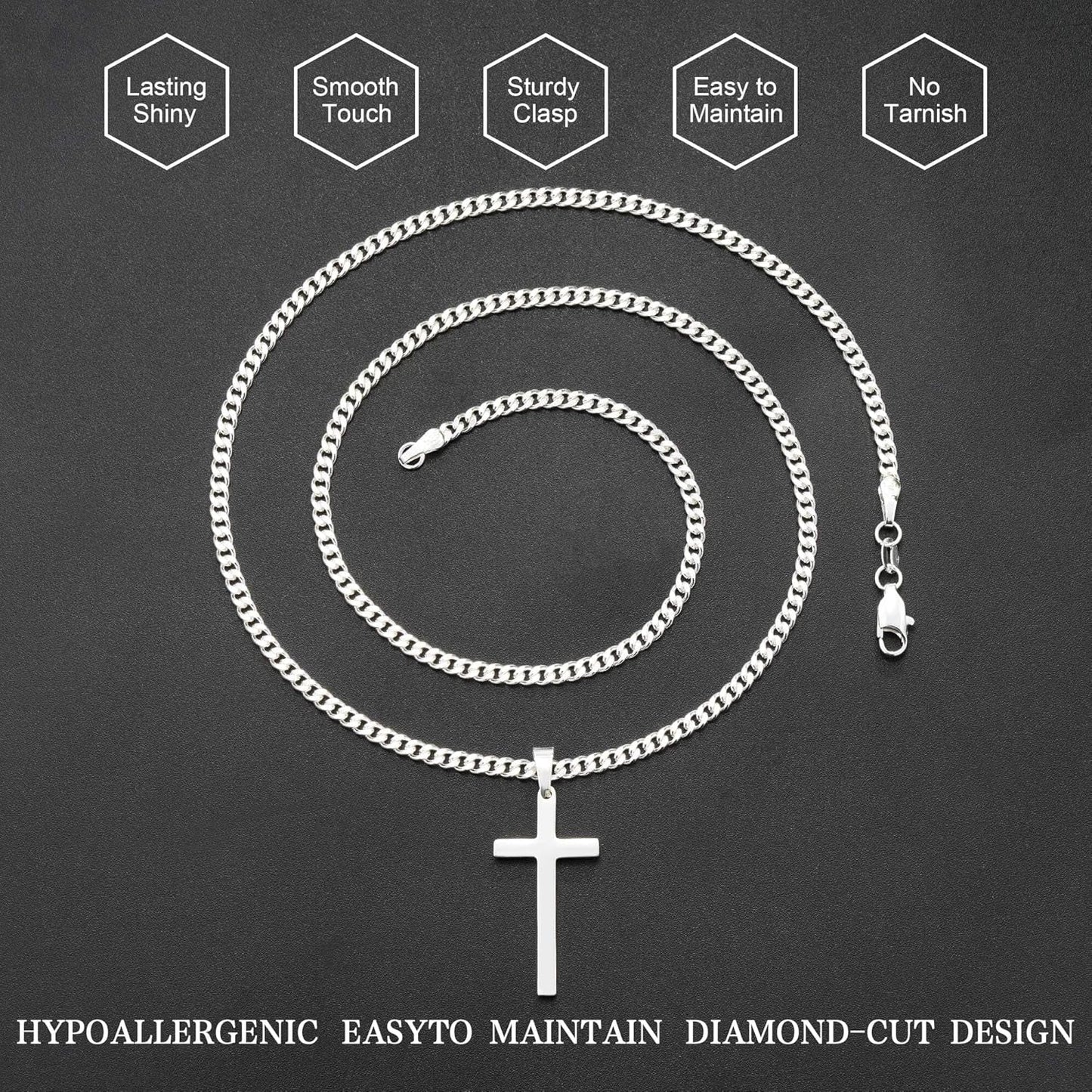 925 Sterling Silver Cross Necklace for Men, 3.5MM Diamond Cut Cuban Link Chain Silver Cross Necklace Christian Gifts for Boyfriend Father Husband