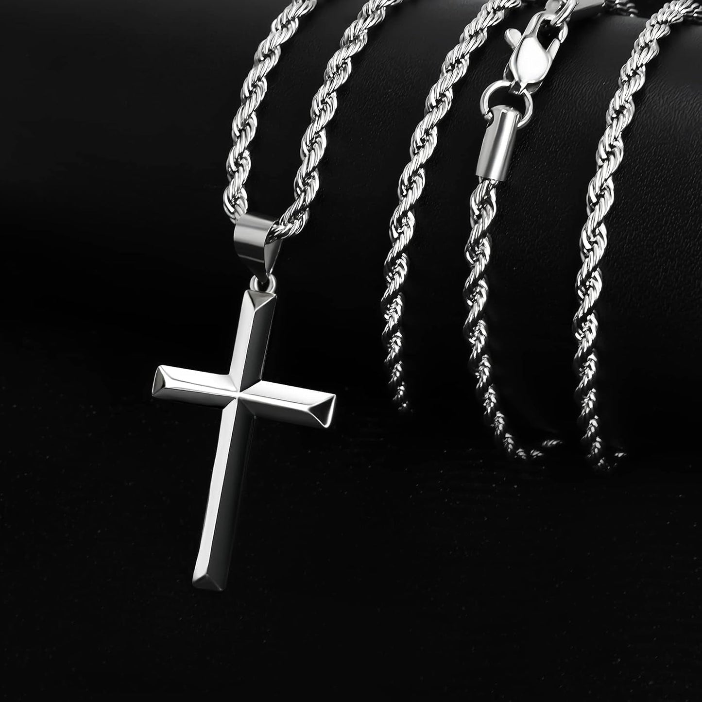 925 Sterling Silver Cross Necklace for Men with 3.5Mm Stainless Steel Twist Clasp Rope Chain Necklace Beveled Edge Cross Pendant Necklace for Men Women 16-28 Inches
