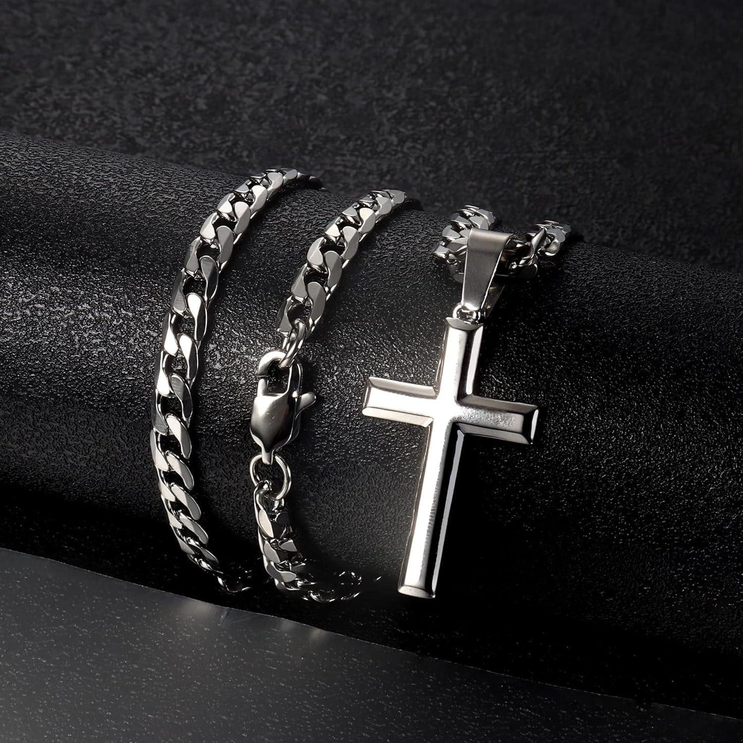 925 Sterling Silver Cross Necklace for Men Women | 5Mm 316L Stainless Steel Diamond-Cut Cuban Link Curb Chain, Beveled-Edge Religous Pendant Jewelry, 16-30'' Christian Baptism Gift