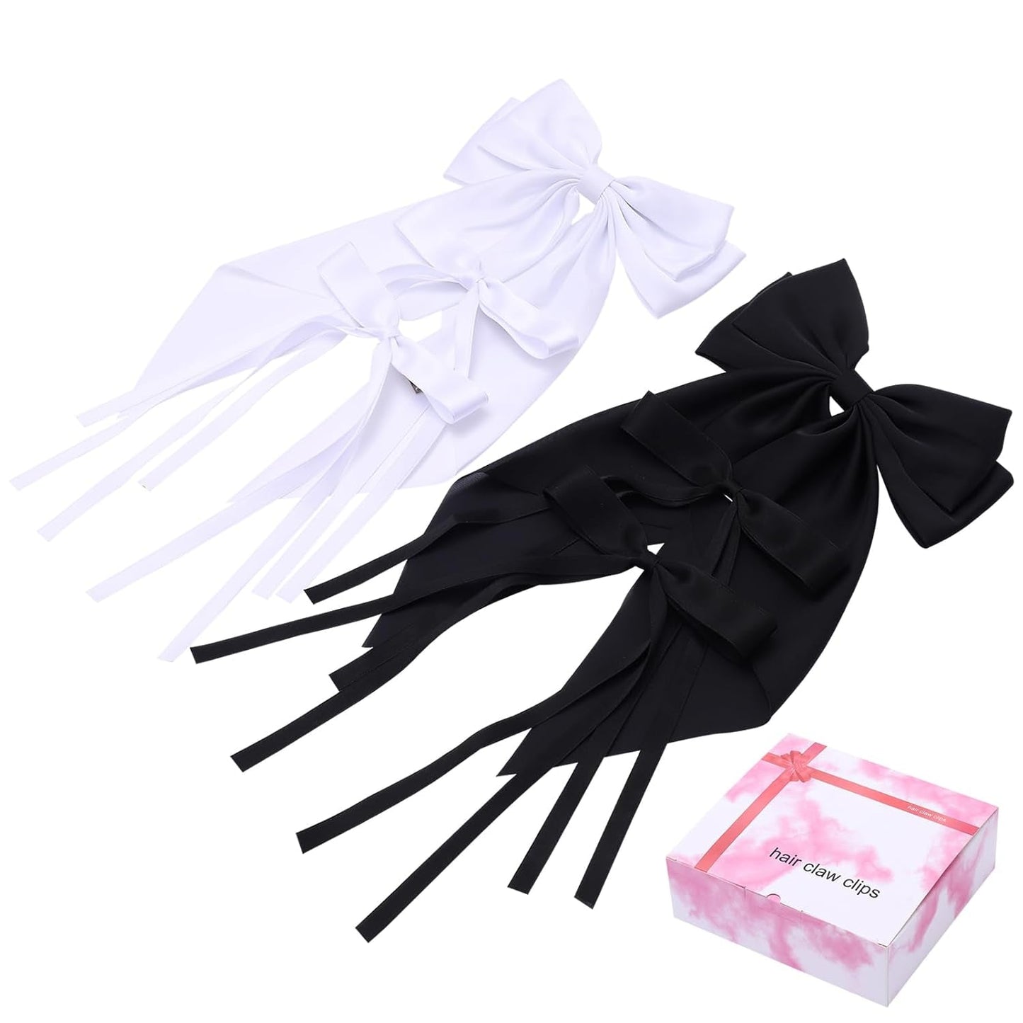 6 PCS Satin Big Hair Bows for Women Hair Ribbons Oversized Long Tail White Black Bow for Hair Bow Large Hair Ribbon Barrettes Metal Clips Bowknot Hair Accessories