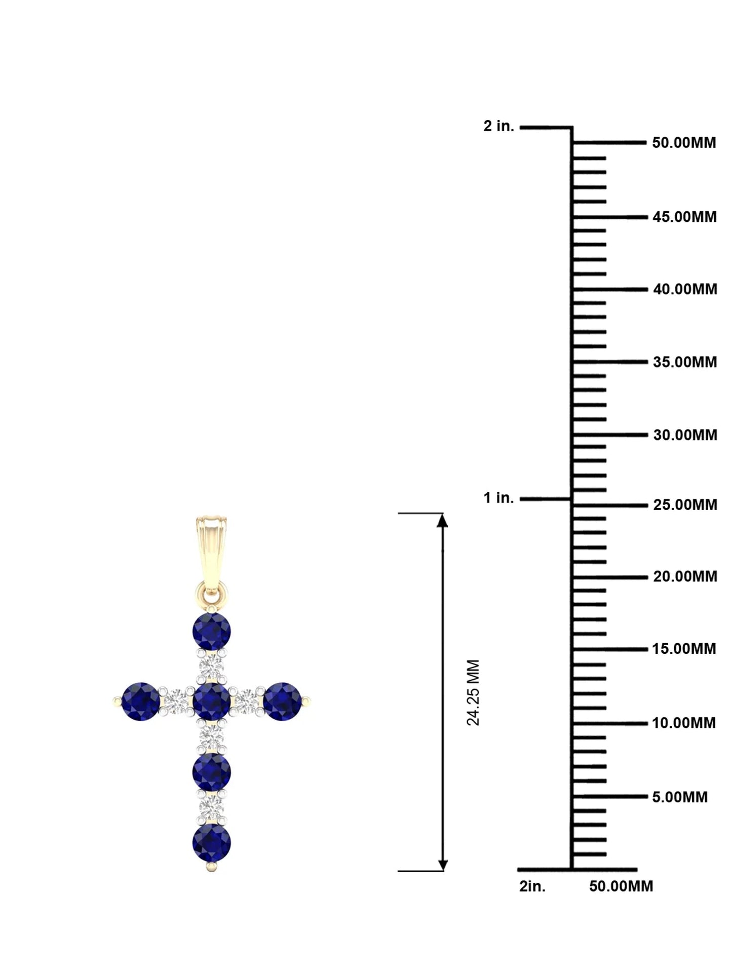 Gemstone 10K Yellow Gold round Blue Sapphire 1/10 CT TW Diamond Cross Necklace