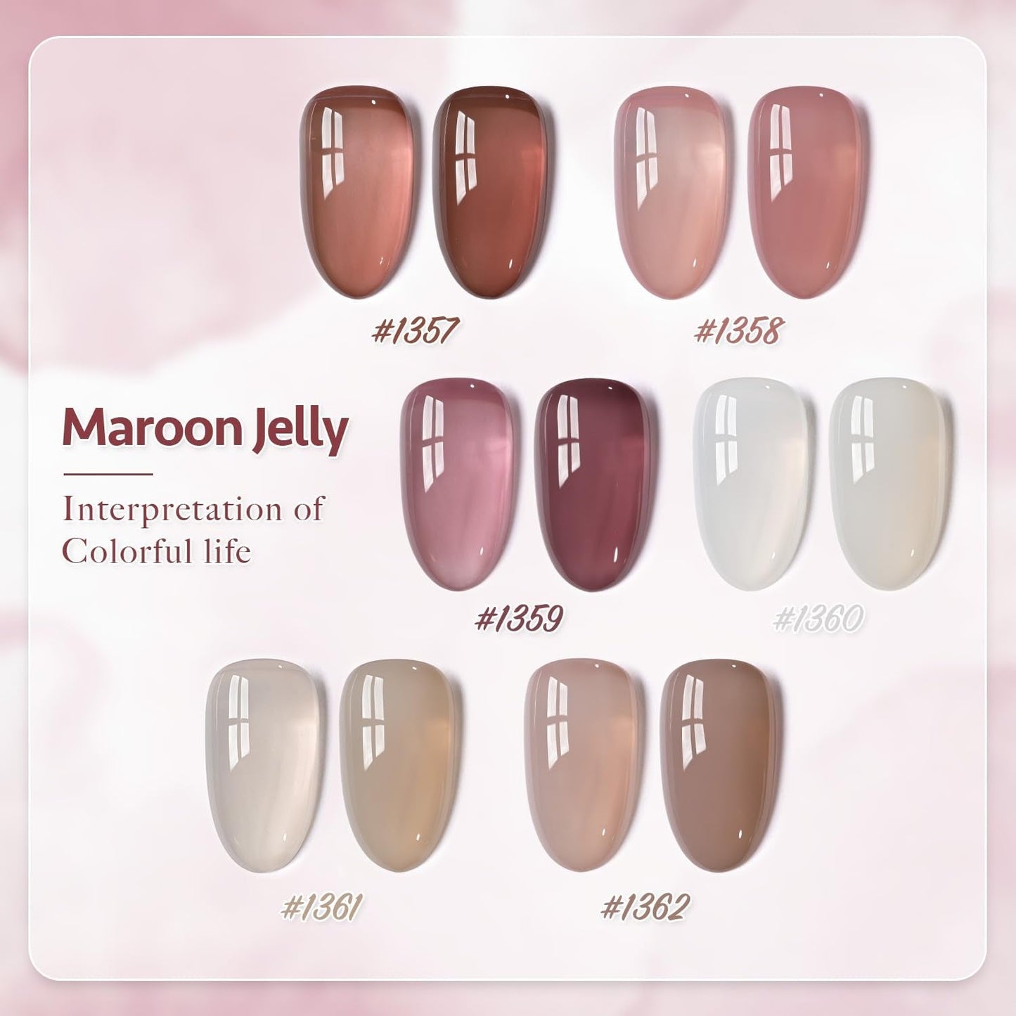 Jelly Brown White Gel Nail Polish Set, 6 Translucent Colors Sheer Pink Maroon Soak off UV Light Cure Gel Polish Kit for Salon and Nail Art DIY at Home
