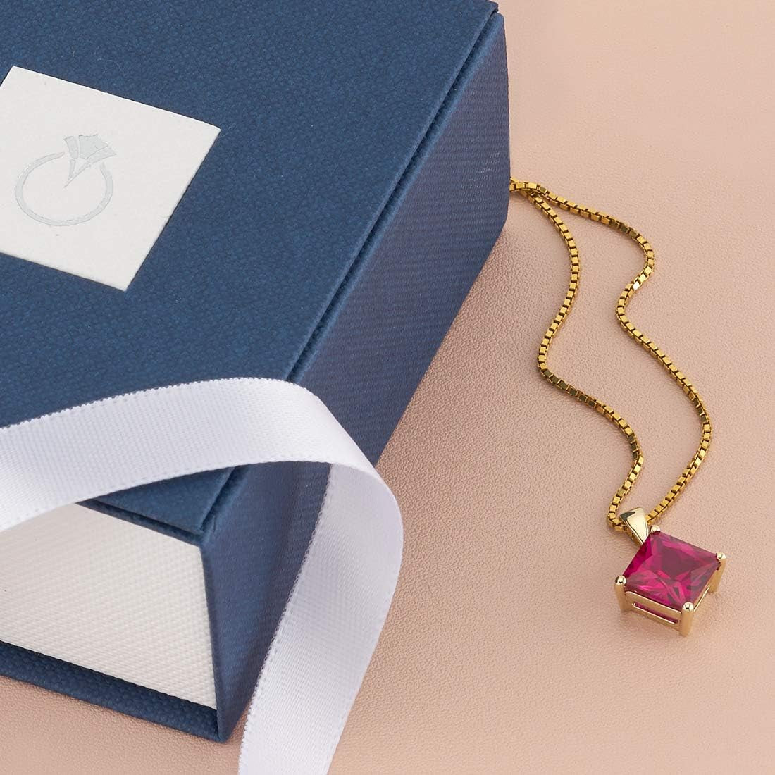 Created Ruby Pendant in 14 Karat Yellow Gold, Classic Solitaire, Princess Cut, 8Mm, 3 Carats Total