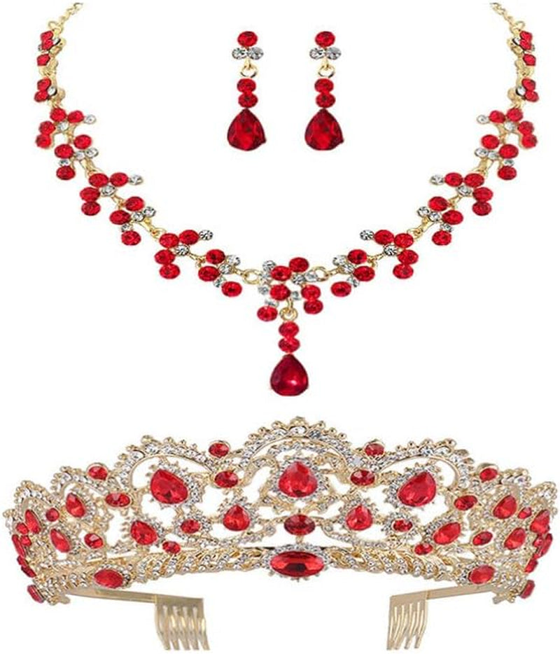 Vaguelly Wedding Tiaras and Earrings Set, Tiara and Necklace Set, Wedding Bridal Flower Jewelry Set Baroque Tiara Crystal Crown with Comb Retro Rhinestone Necklace Earrings Bridesmaids Queen Costume for Prom Party