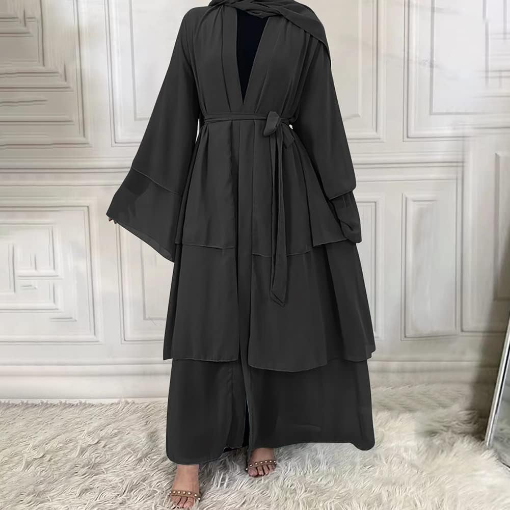Muslim Chiffon Abaya for Women Open Front Cardigan Modest Dress with Hijab Scarf Middle East Arabian Robe Islamic Long Dress