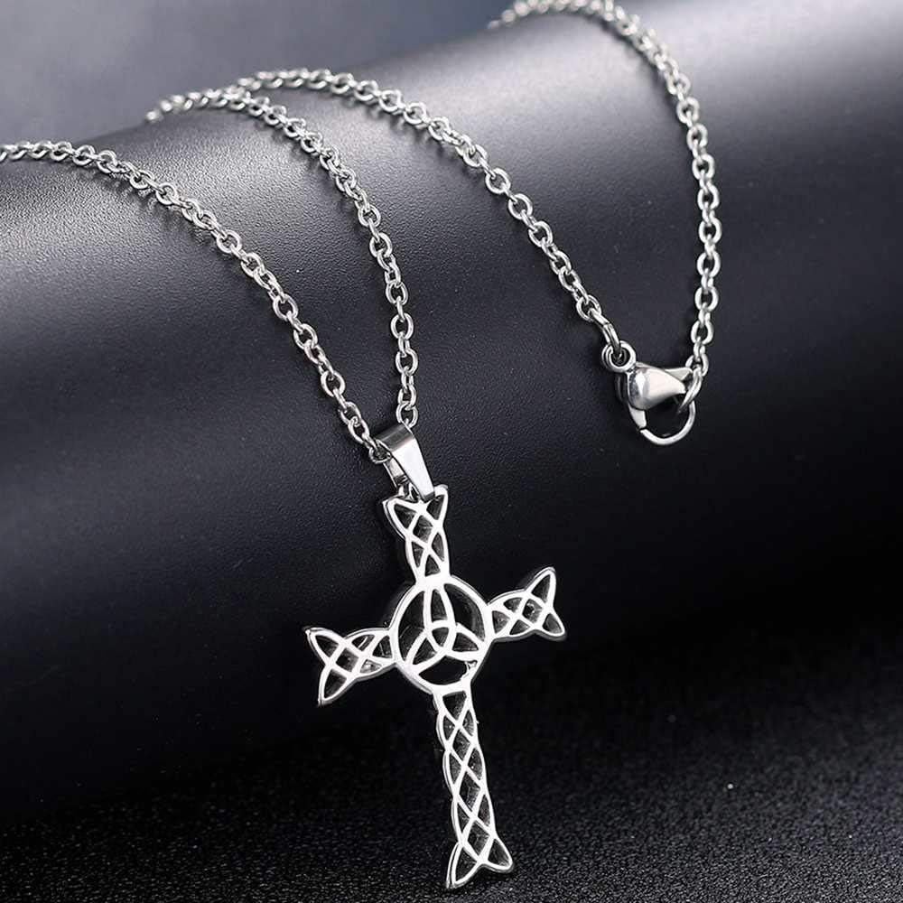 Stainless Steel Celtic Knot Christian Cross Religious Cocktail Party Statement Pendant Necklace
