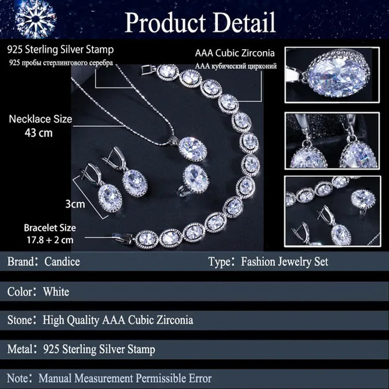 CANDICE European Clear Oval CZ Stone Necklace Earrings Tennis Bracelet Ring for Women Fashionable Sterling Silver Plated Plated Party Jewelry Set