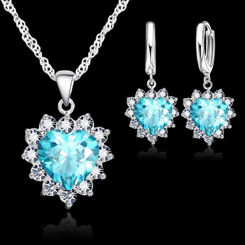 Trendy 925 Sterling Silver Jewelry Set for Women Heart CZ Stone Charm Pendants Necklaces Earrings LOVE Anniversary Gift