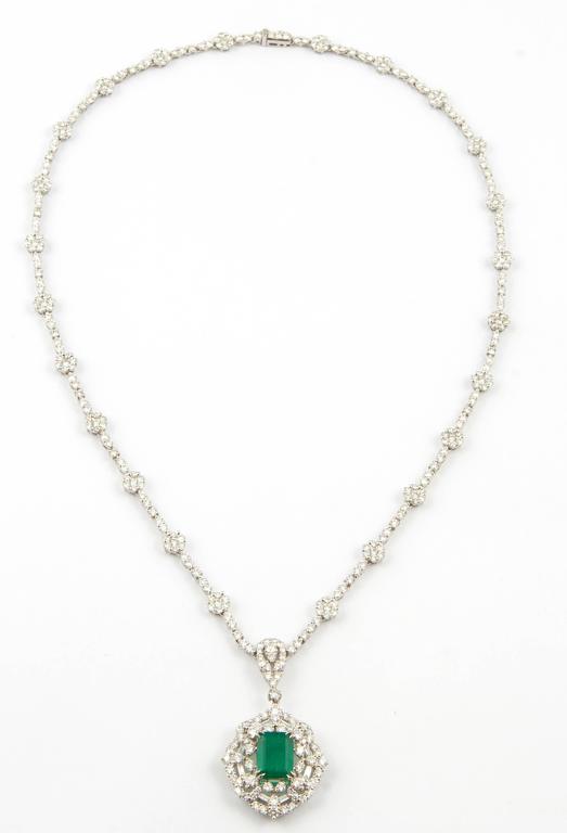 GIA 1.84ct Green Emerald and Diamond 18k White Gold Pendant Necklace