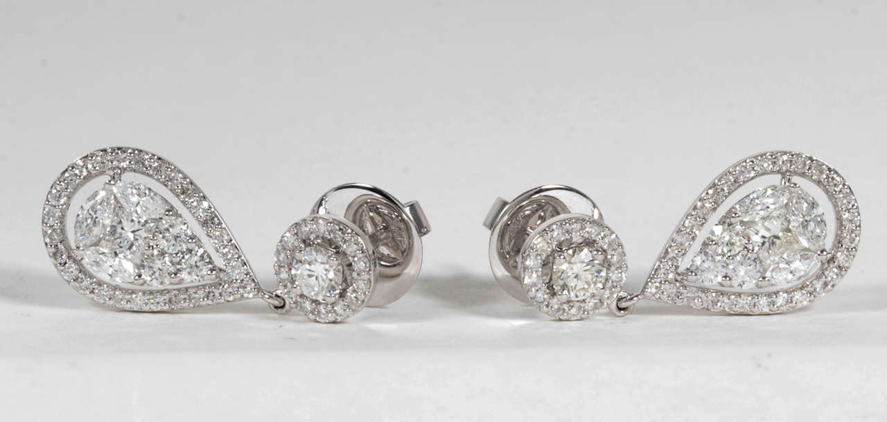 Elegant 18k White Gold 3.55ct Diamond Illusion Dangle Drop Earrings