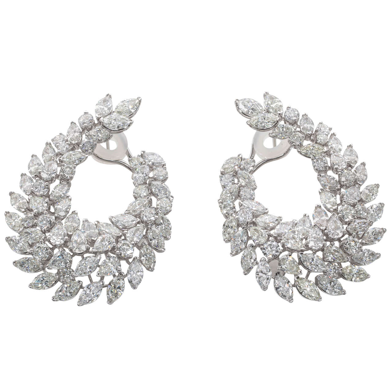 22.45 Carat Diamond 18k White Gold Wreath Swirl Clip-On Earrings