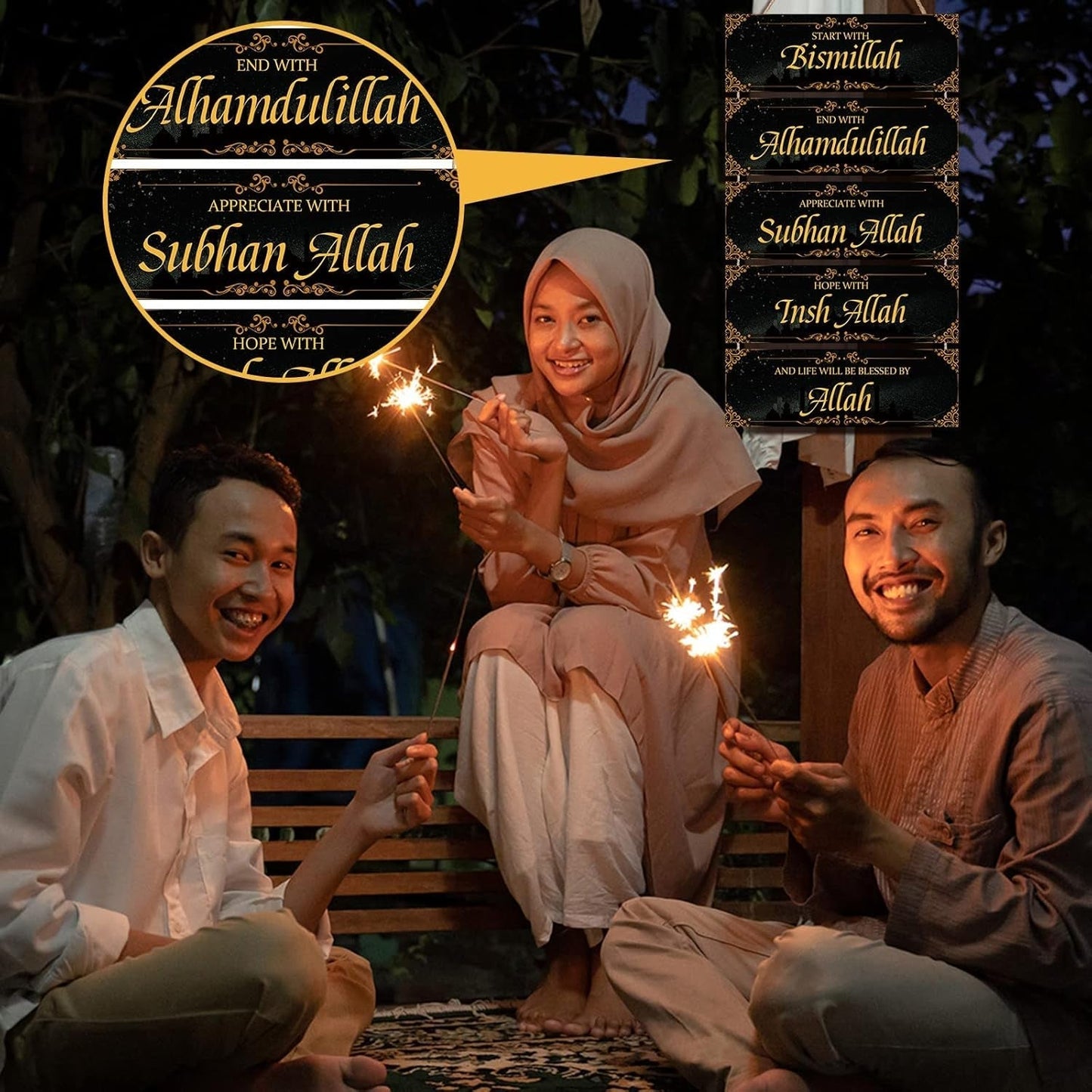 Islamic Wooden Wall Sign Decor Ramadan Decorations for Home Eid Ramadan Mubarak Eid Al Adha Decor Start with Bismillah End with Alhamdulillah Inspirational Wall Art for Muslim Home(Black, Gold)