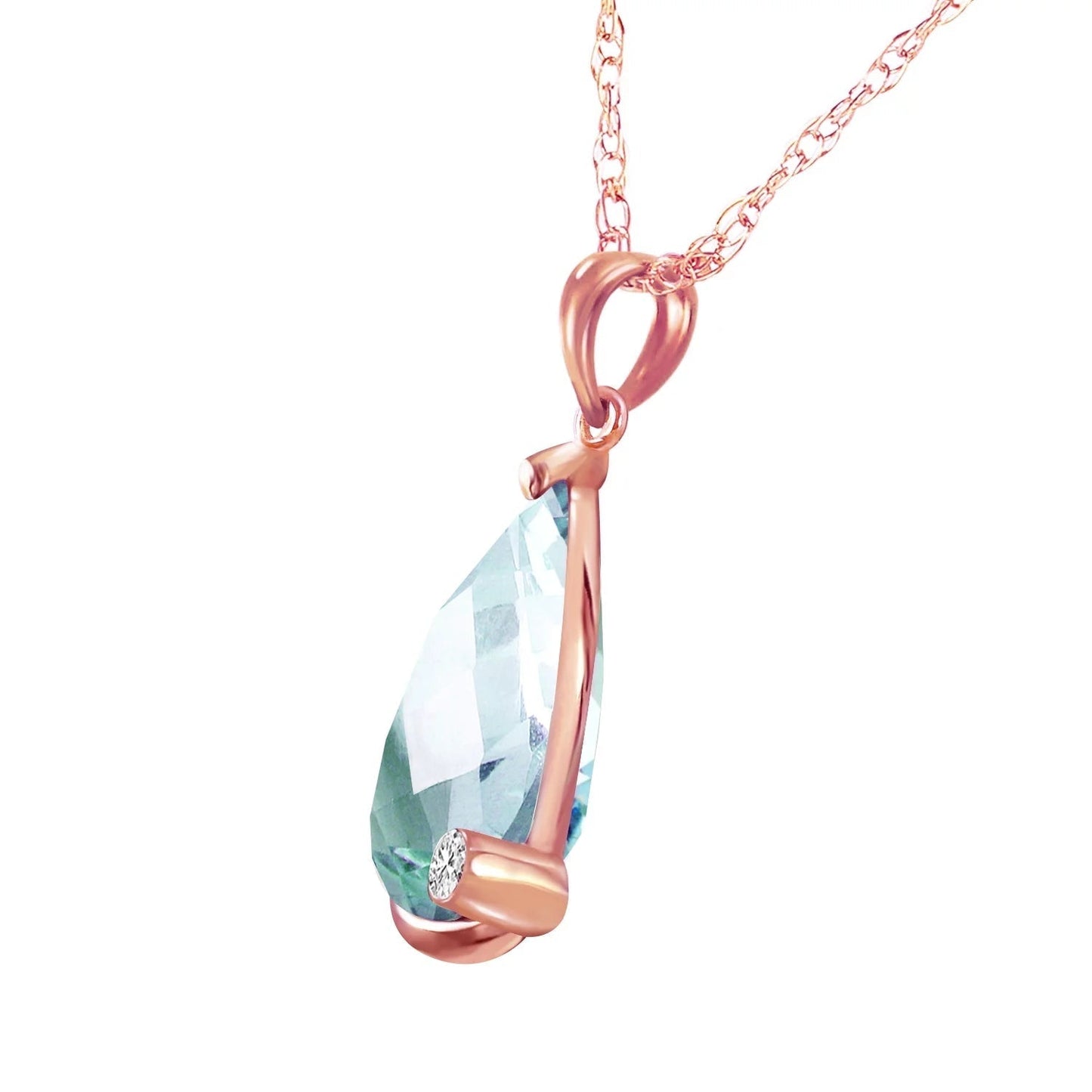 6.54 Carat 14K 24" Solid Rose Gold Necklace with Natural Briolette Checkerboard Cut Blue Topaz and Diamond Pendant