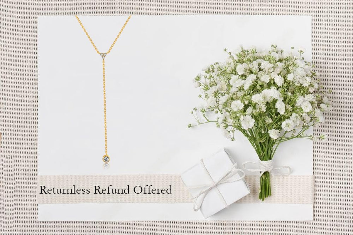 Handmade Sterling Silver Lariat Necklace, Simulated Diamond 18K Gold Plated Dainty Drop Y Chain Necklace for Women (Gold)