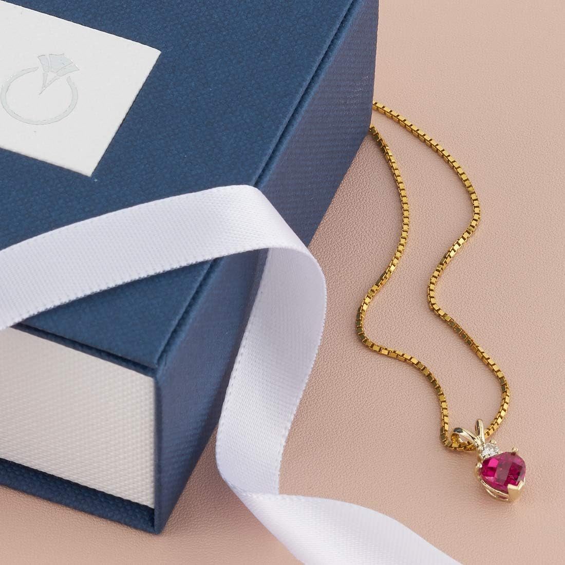 14K Yellow Gold Created Ruby with Genuine Diamond Pendant for Women, Heart Shape Solitaire, 6Mm, 1 Carat Total